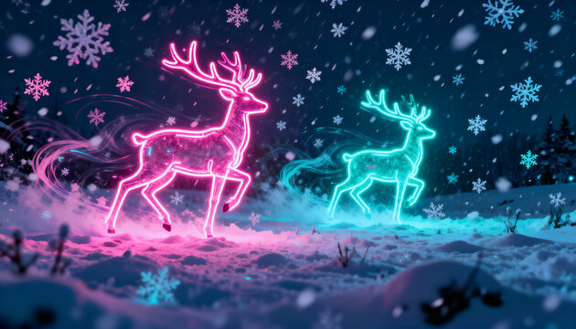 Neon-lit reindeer silhouettes glowing in futuristic cyberpunk snowstorm.