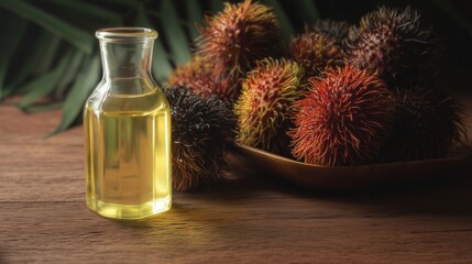 Fototapeta premium Palm oil in glass bottle with palm fruits. Generative AI
