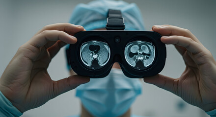 Surgeon Holding Advanced Augmented Reality Glasses in Surgical Suite During Medical Procedure with Focus on Technology and Care