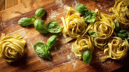 Uncooked pasta and fresh basil on a wooden board.