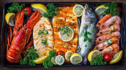 Grilled seafood platter with lobster, fish, and shrimp.
