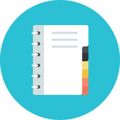 A simple minimalist illustration of an open notebook with lined paper and dividers on a bright cyan background featuring a transparent background effect