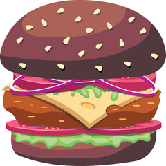 A delicious pixel art burger with brown bun lettuce tomato cheese and onion on a transparent background