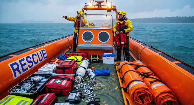 Rescue workers on an orange rescue boat with medical supplies prepared for emergency situations

