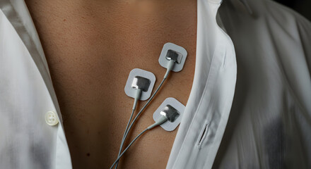 Electrodes Attached to Human Chest for Cardiac Monitoring in a Clinical Healthcare Environment