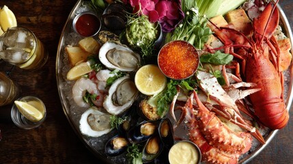 A seafood platter with various shellfish, crustaceans, and accompaniments.