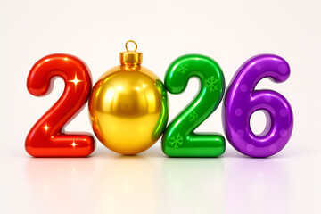 new year 2026 celebration concept 3d colorful decorative bauble numbers realistic rendering white background