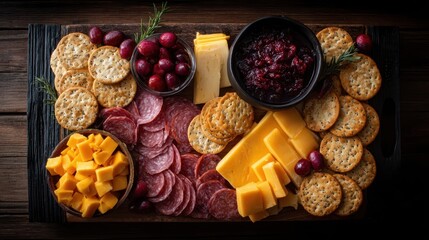 Assorted cheeses, crackers, salami, and cranberry sauce on a wooden board.