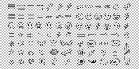 Cool doodle elements for social media content and branding projects with editable lines and transparent background