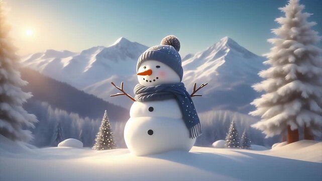 Animated image of a happy snowman wearing a scarf and knitted hat. Snowy background, Christmas tree.マフラーとニット帽をつけた楽しそうな雪だるまのアニメーション素材。雪景色の背景、クリスマスツリー。