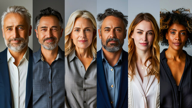 Group of diverse adults posing closely together in a well-lit studio setting at daytime