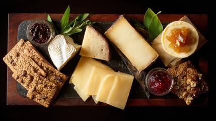 Assorted cheeses, crackers, and fruit preserves on a wooden board.