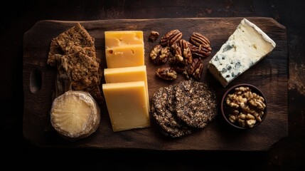 Assorted cheeses and crackers on a wooden board.