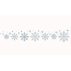 An elegant winter border featuring a decorative line of intricate blue snowflakes on a white background.