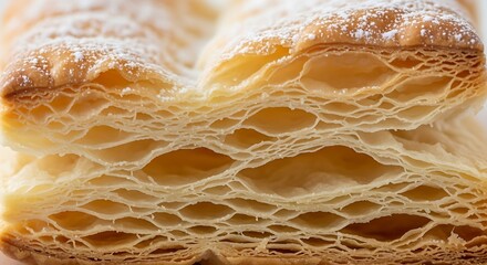 A detailed macro photograph showcasing the delicate, flaky layers of a puff pastry dusted with powdered sugar.