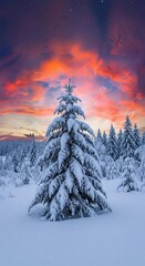 Snow-covered pines rise in a serene winter landscape. Their branches, generously covered with fresh footprints, are adorned with white snow