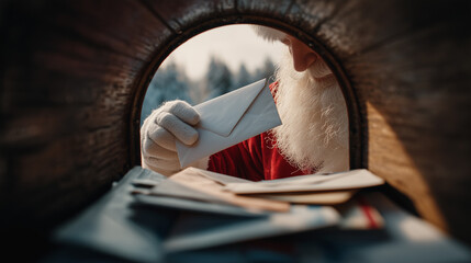 Santa Hand Delivering Christmas Letters: Festive Holiday Mailbox Scene in Winter