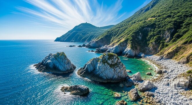 Landscape tropical coastal scenery featuring rocky cliffs, turquoise water, lush green mountains, and bright blue sky, creating a pristine nature environment ideal for travel, tourism, and outdoor 