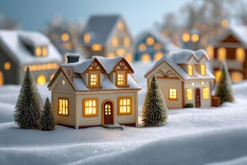 Cozy miniature village houses aglow with warm light on a snowy winter evening