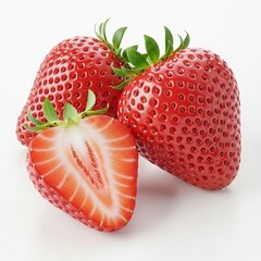 Three ripe strawberries, one cut in half, isolated on white background, showcasing their vibrant red color, juicy texture, and fresh green leaves