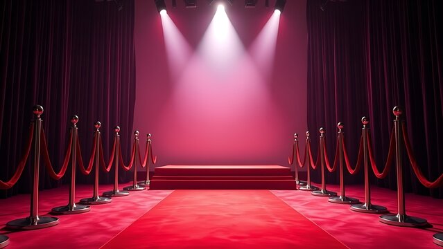 tunicle. Empty award podium on red carpet with velvet ropes, ceremonial space with soft lighting. event programs, museum guides, designed for cultural heritage projects and event programs.