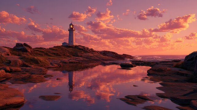 Scenic sunrise over water with white lighthouse and building at Nielsen Park, Sydney, Australia showing beautiful clouds and rocky shoreline
