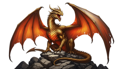 Golden dragon with fiery orange wings perched on rocky outcrop isolated on a transparent background mythical creature