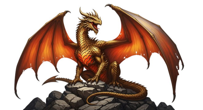 Golden dragon with fiery orange wings perched on rocky outcrop isolated on a transparent background mythical creature