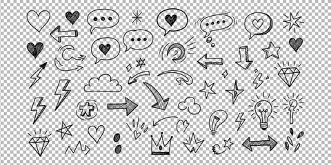 Fototapeta premium Hand drawn icons and symbols like hearts, stars, arrows, clouds, lightbulbs, and crowns for creative projects