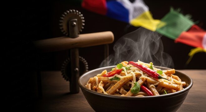 Hearty Bhutanese Puta &ndash; Buckwheat Noodles with Cheese & Chilies in Ceramic Bowl, Noodle Cutter & Prayer Flag Background, Cozy Mountain Light