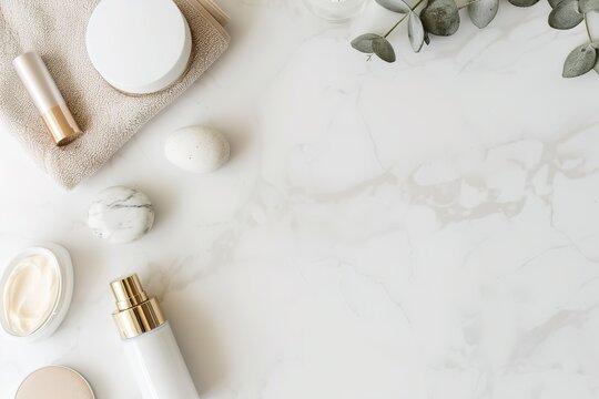 Smart skincare gadgets are laid out beside various cosmetic bottles on a stylish marble surface, complemented by soft towels and gentle greenery. A touch of elegance enhances the beauty routine