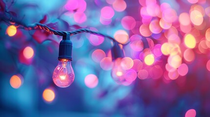 Sparkling garlands with multicoloured lights and a bulb in the centre create a festive atmosphere, ideal for the background of New Year's cards or invitations.