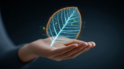 Futuristic holographic leaf emerging from an open hand, representing sustainable technology, ecological innovation and the delicate balance between nature and modern science.
