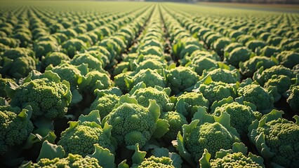 calabrese. Agricultural field of mature Calabrese broccoli with dense green florets under sunlight. public awareness campaigns.