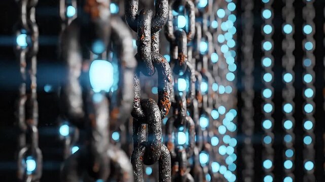 A close up view of rusty chains hanging against a backdrop of blurred blue lights bokeh