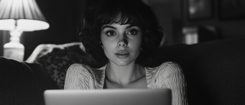 A dramatic black-and-white portrait of a woman at her laptop conveys tension and concentration, creating an atmospheric backdrop for articles on workplace psychology or film reviews.