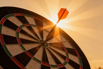 Dartboard with dart in sunlight, symbolizing precision and focus.