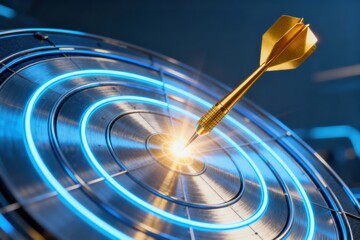 Dart hitting the center of a glowing target board.