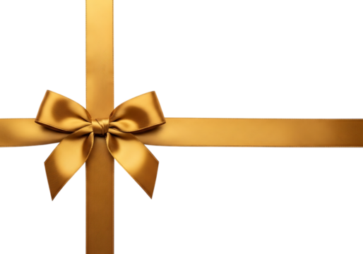 Golden satin ribbon tied in a bow forming a cross shape isolated on a transparent background silk