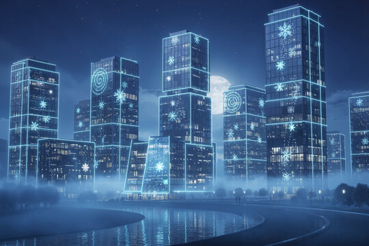 Futuristic city skyline at night, tall glass skyscrapers with digital snowflake lights, blue misty atmosphere, modern winter holiday background with copy space for festive banners or presentations.