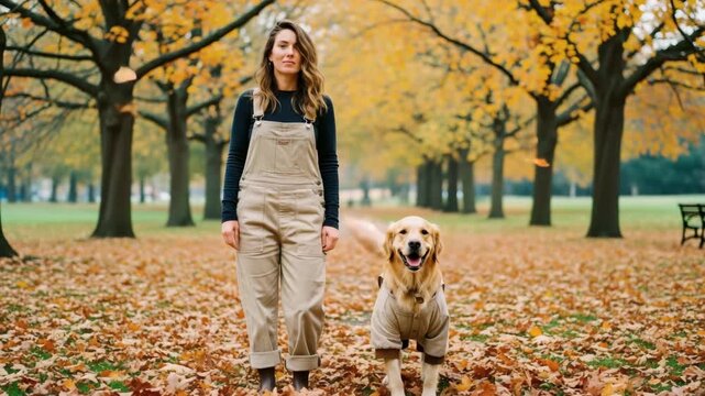Woman and dog in matching clothes walking in autumn park yellow leaves