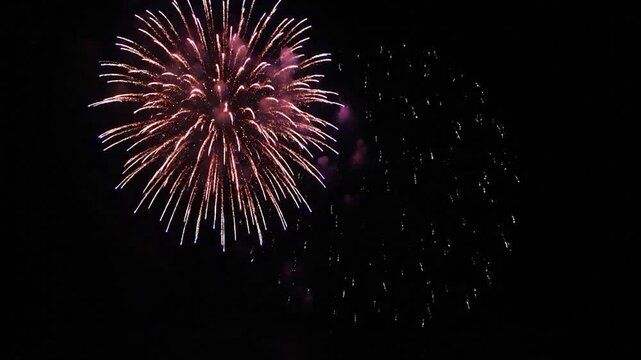 Fireworks burst against a dark night sky, with a single star-like firework ascending
