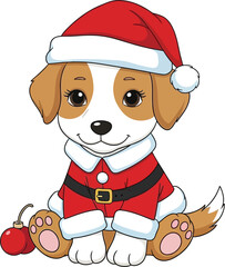 Cute puppy in santa claus costume isolated on white background for christmas