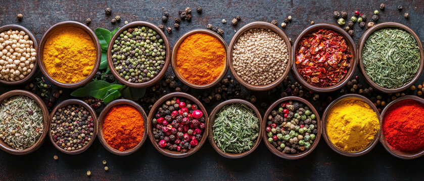 Bright spices in wooden bowls on a dark surface create an atmosphere of abundance and aroma, ideal for atmospheric backgrounds in culinary blogs or spice advertisements.