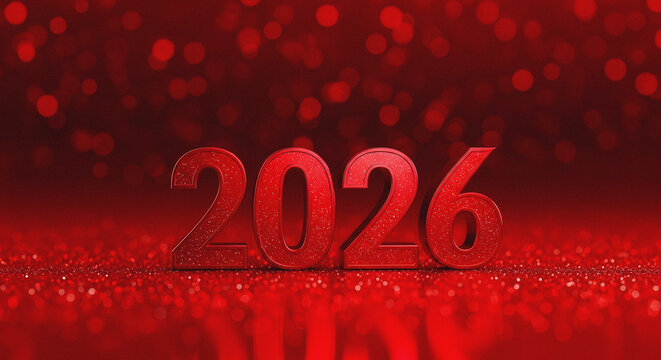 Vibrant Red Glittery 2026 Text on Bokeh Background: Happy New Year Celebration and Festive Holiday Greeting Card Design
