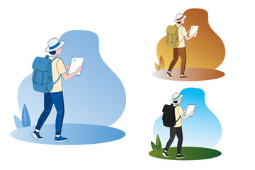 Traveler with Backpack Reading Map Flat Travel Illustration, Adventure Vector Art, Travel Explorer with Map Adventure Lifestyle Vector. 