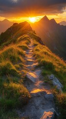 Obraz premium A path stretching towards the horizon, illuminated by the sunrise over the mountain peaks, will serve as an inspiring backdrop for motivational posters or sports brands.