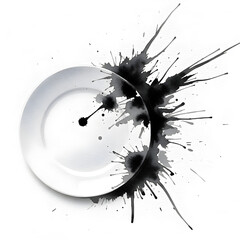 Abstract black ink splatter exploding outward from a white plate surface