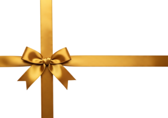 Golden satin ribbon tied in a bow with crossing ribbons isolated on a transparent background silk