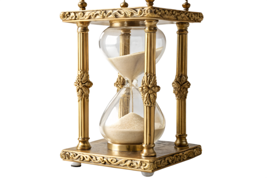 Antique Golden Hourglass with Sand Flowing Inside, Symbolizing Time Passing and the Fleeting Nature of Moments, on White Background